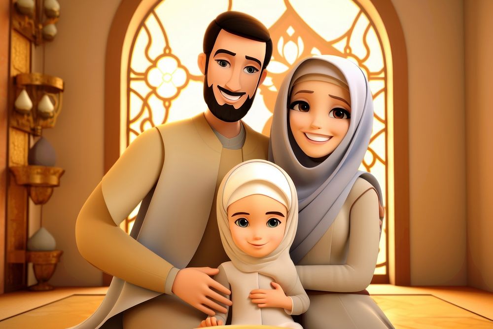 Mubarak muslim family cartoon father togetherness. AI generated Image by rawpixel.