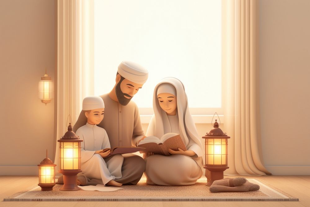 Muslim reading quran adult lamp togetherness. 