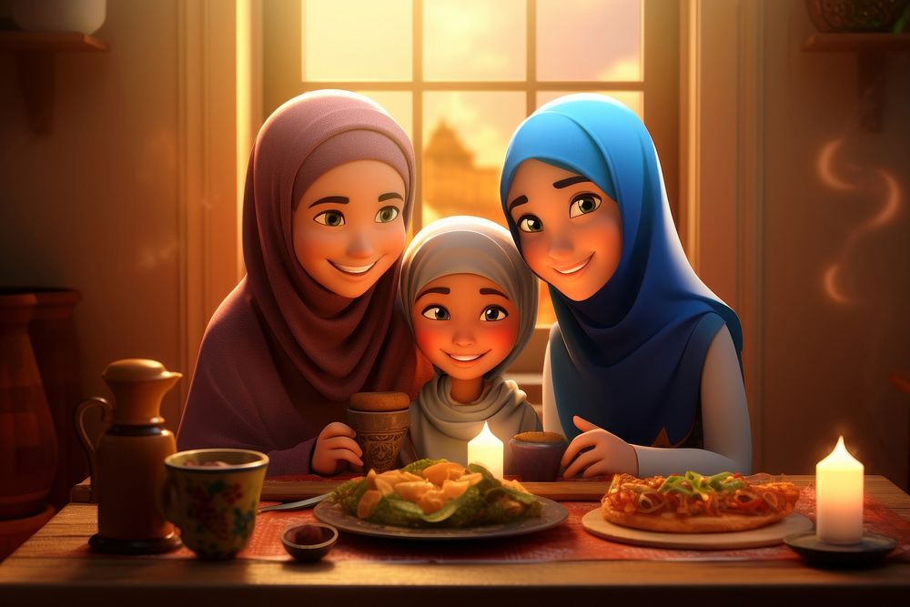 Ramadan muslim family cartoon candle adult. AI generated Image by rawpixel.