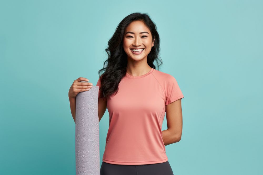 Yoga mat smiling t-shirt sports. AI generated Image by rawpixel.