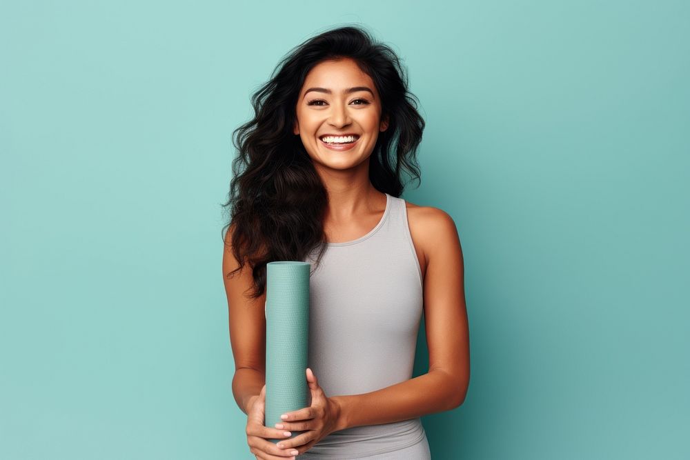 Yoga mat portrait smiling smile. 