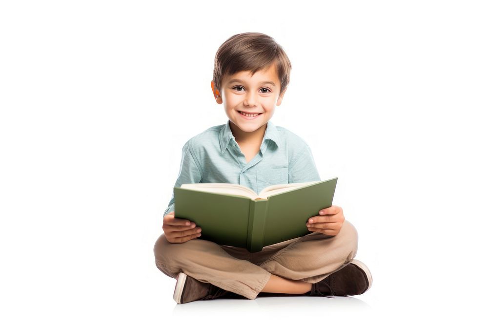 Kid reading book sitting child white background. AI generated Image by rawpixel.