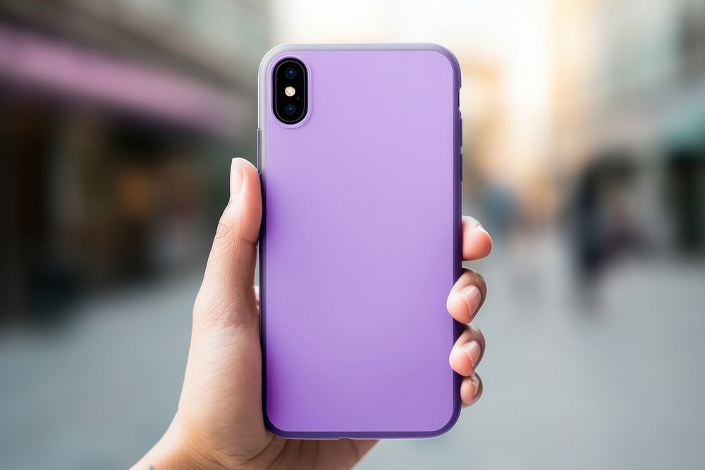 Clear phone case holding purple hand. 