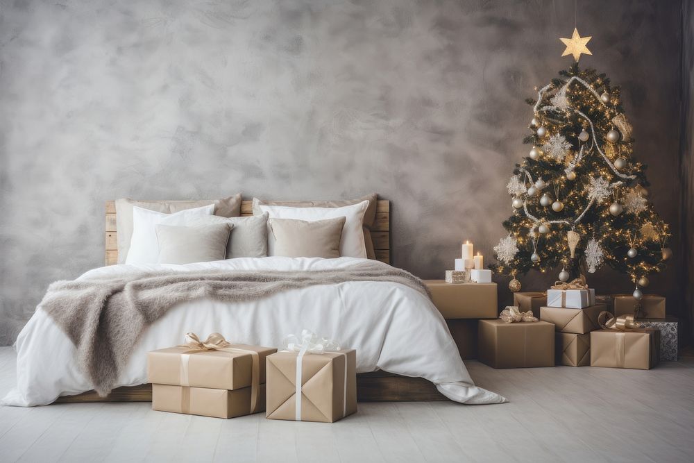 Christmas gift bed furniture anticipation. AI generated Image by rawpixel.