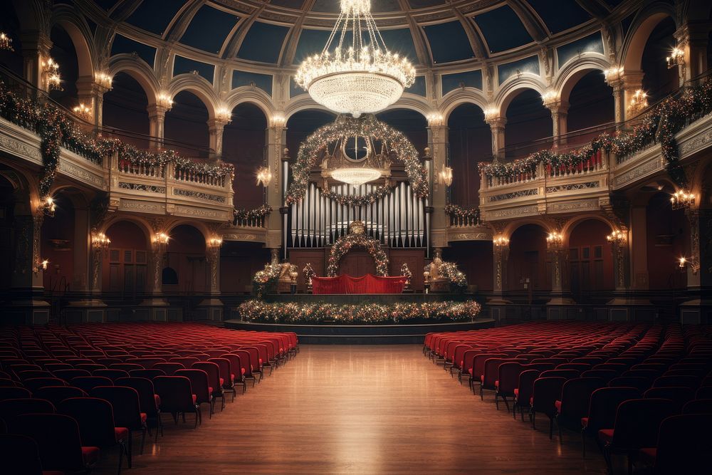 Christmas decoration architecture auditorium chandelier. AI generated Image by rawpixel.