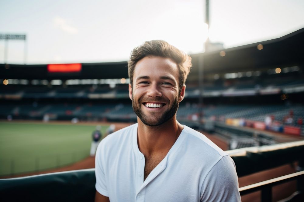 Baseball player portrait smiling stadium. AI generated Image by rawpixel.