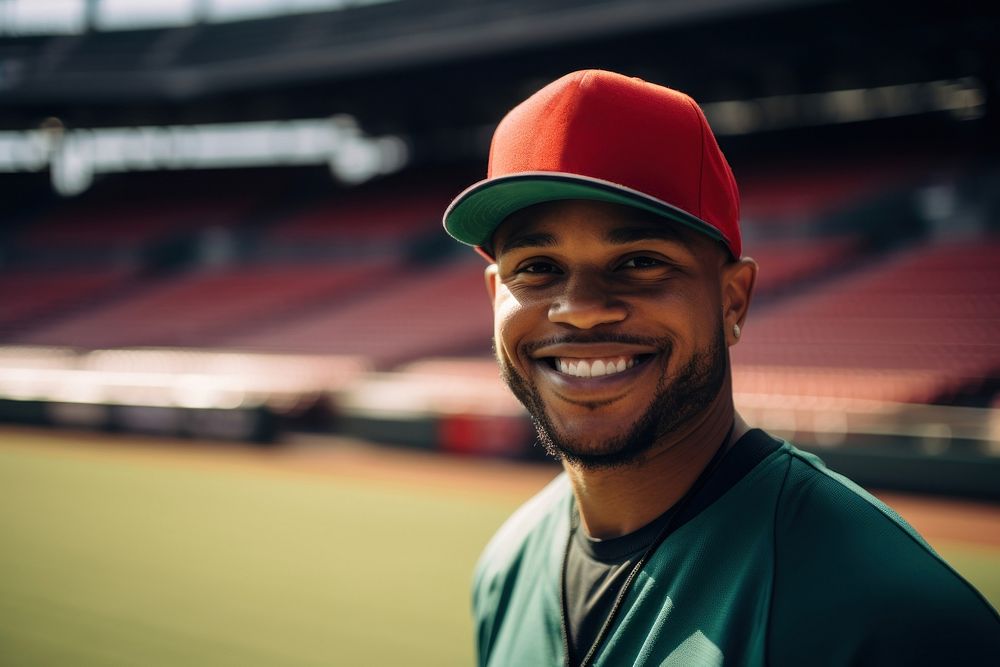 Baseball player portrait smiling stadium. 