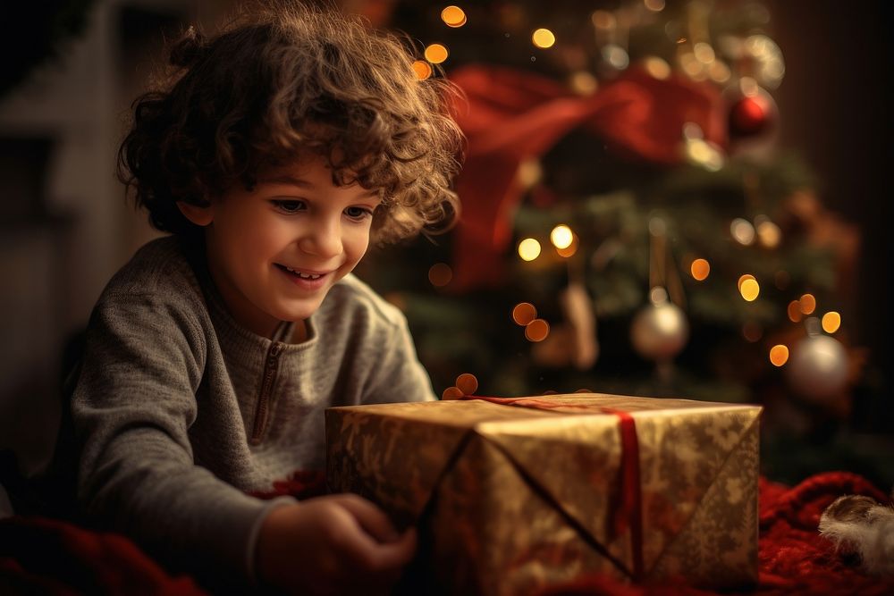 Christmas present child kid christmas tree. AI generated Image by rawpixel.