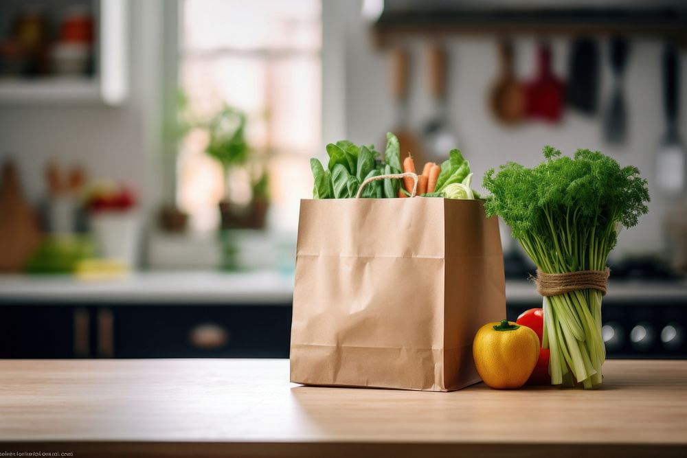 Paper grocery bag food kitchen plant. 