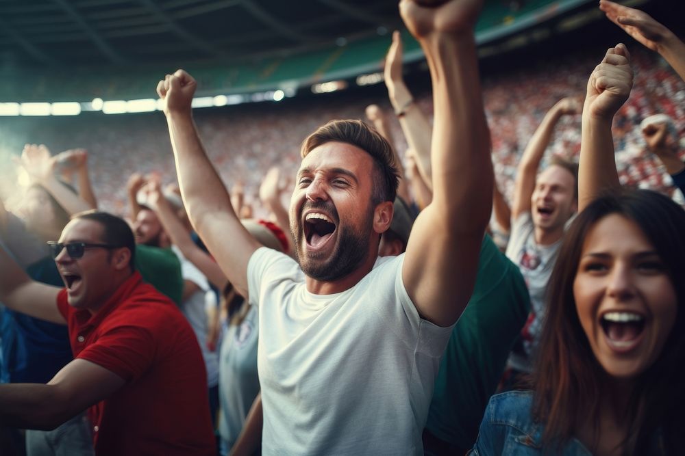 Happy people celebrating shouting laughing stadium. AI generated Image by rawpixel.