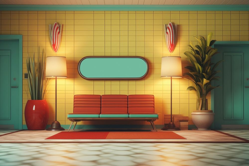 A motel lobby architecture furniture cartoon. AI generated Image by rawpixel.