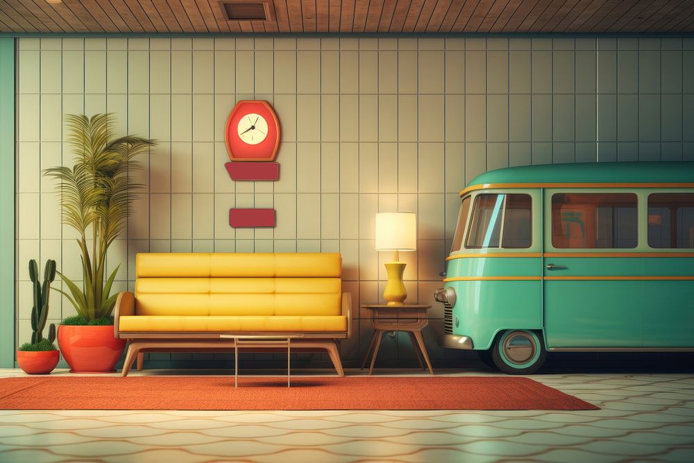 A motel lobby architecture furniture vehicle.