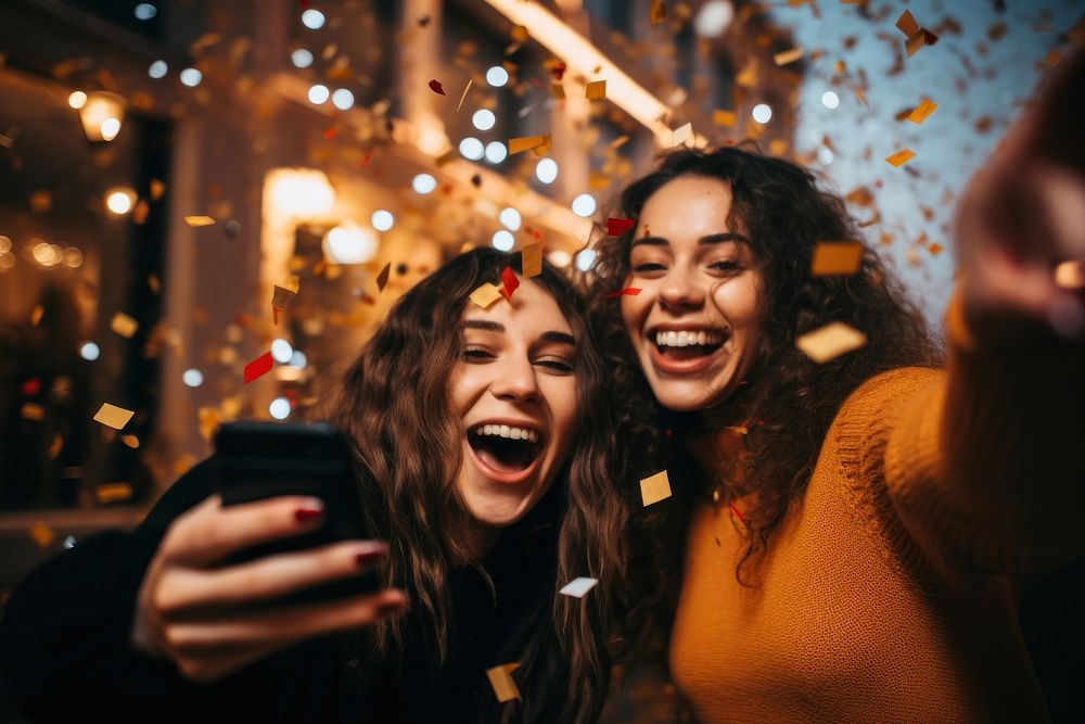 Selfie laughing confetti party. AI generated Image by rawpixel.