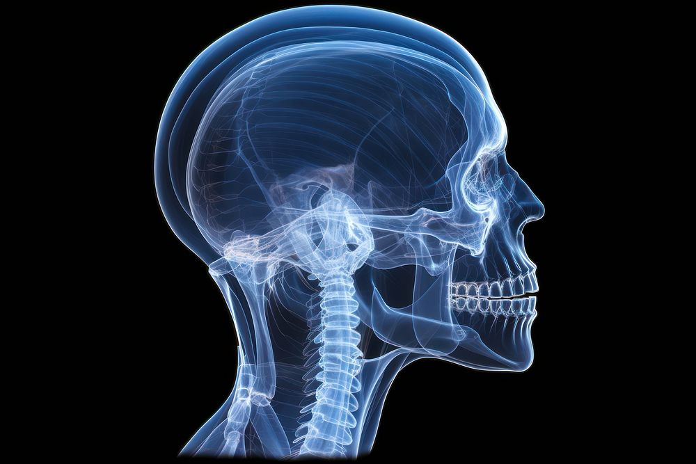 A human head scan x-ray radiography chandelier headshot. 