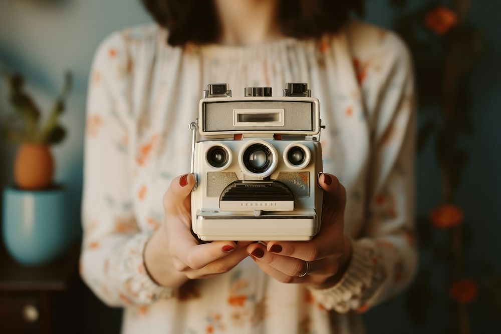 A small retro-style Polaroid camera holding person adult. 