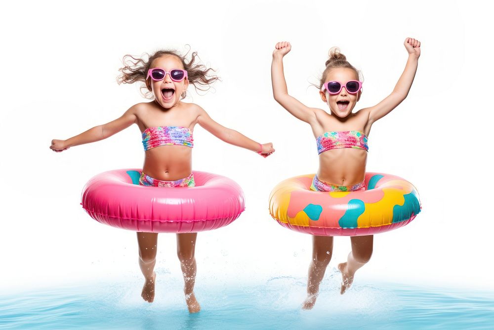 Two funny little girls swimming inflatable swimwear. AI generated Image by rawpixel.