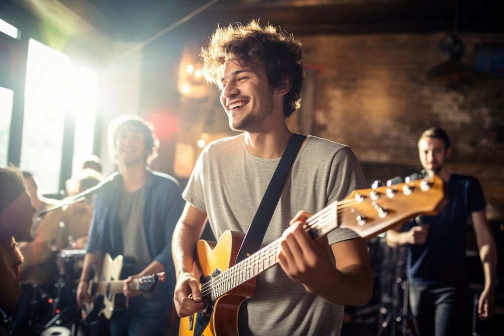 French man enjoying a band playing musician guitar adult. AI generated Image by rawpixel.