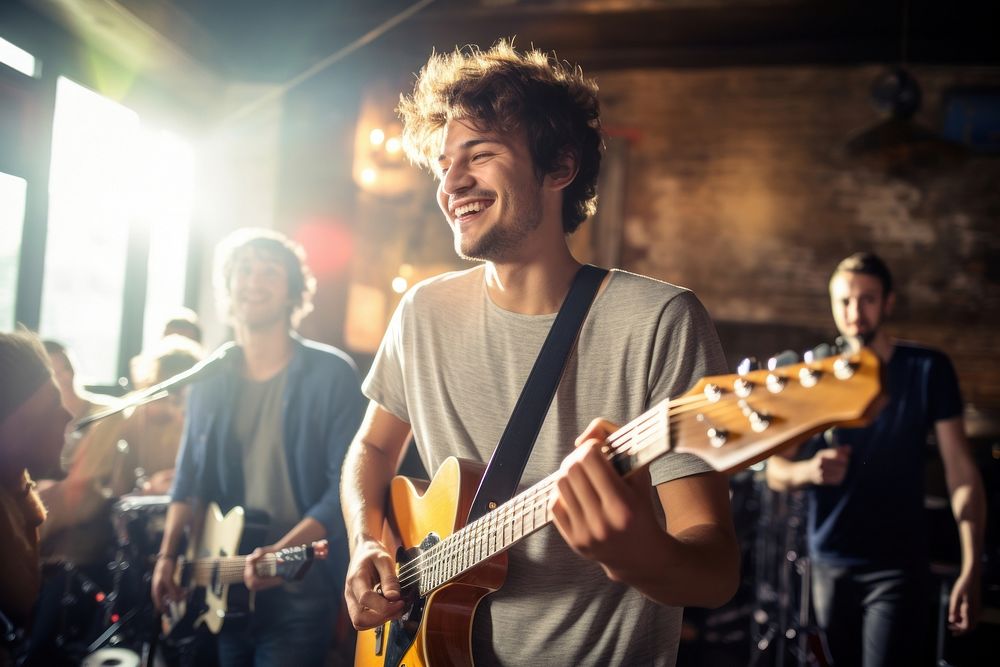 French man enjoying a band playing musician guitar adult. 