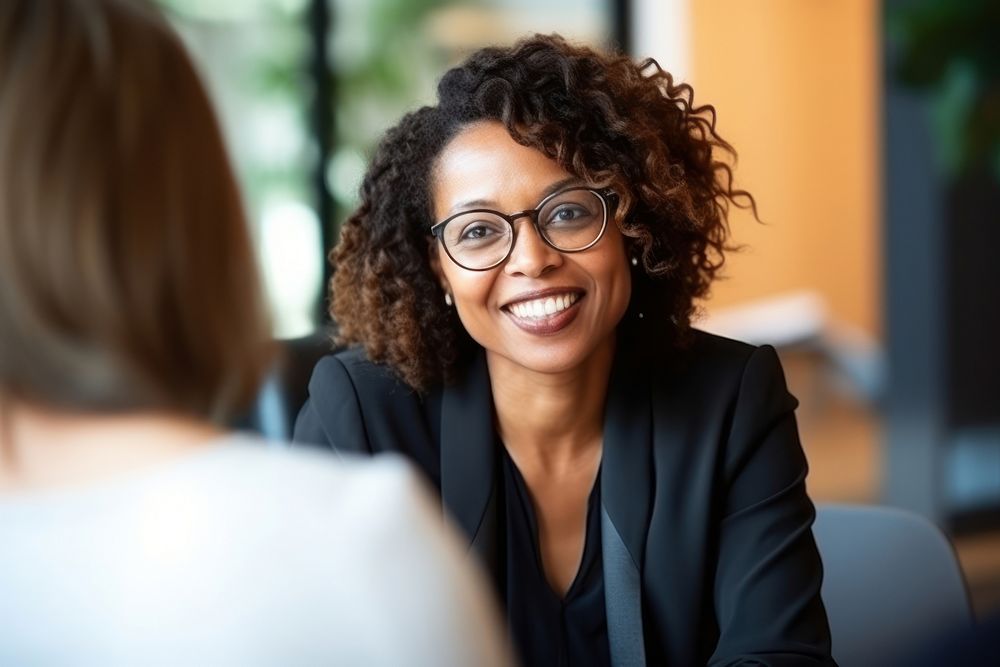 Female lawyer talking glasses office. 