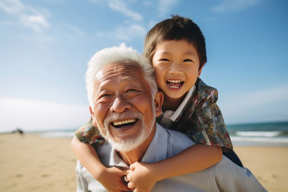 Beach grandfather grandchild cheerful. AI generated Image by rawpixel.