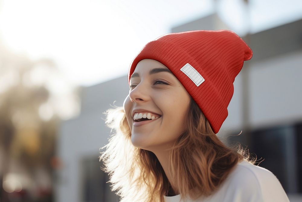 Women's red knitted beanie, street fashion
