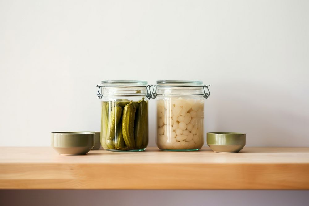 Pickles jar table wood ingredient. AI generated Image by rawpixel.