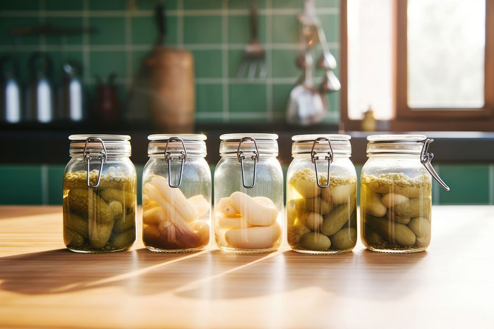 Pickles jar table wood accessories. AI generated Image by rawpixel.