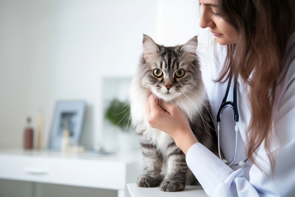 Vet listening fluffy cat using stethoscope veterinarian mammal animal. AI generated Image by rawpixel.