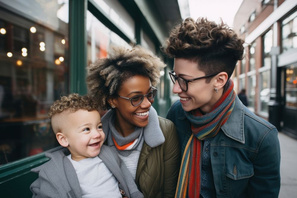 LGBTQ couple laughing glasses family. AI generated Image by rawpixel.