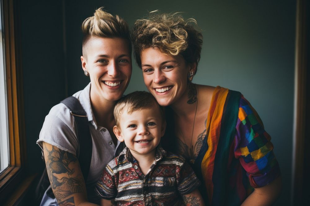 LGBTQ family laughing portrait child. AI generated Image by rawpixel.