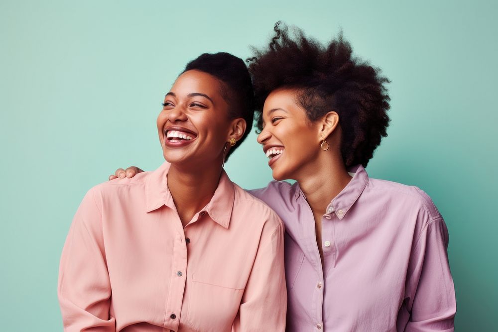 Black lesbian couple laughing adult smile. AI generated Image by rawpixel.