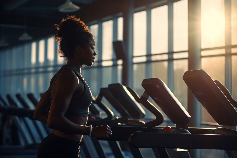 Person exercising gym treadmill sports. AI generated Image by rawpixel.
