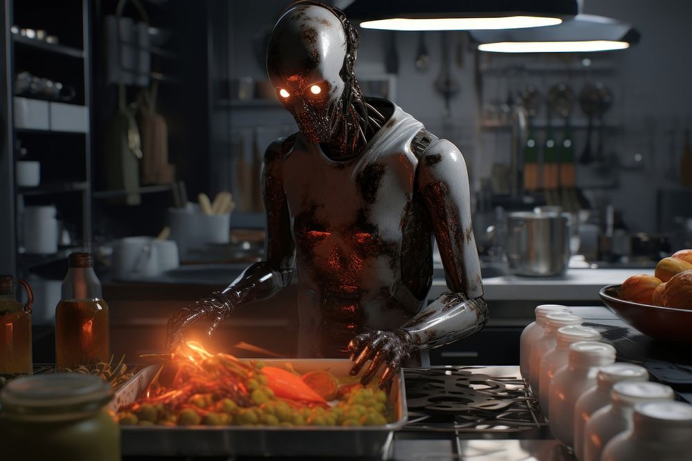 Cyborgs cooking adult vegetable freshness. AI generated Image by rawpixel.