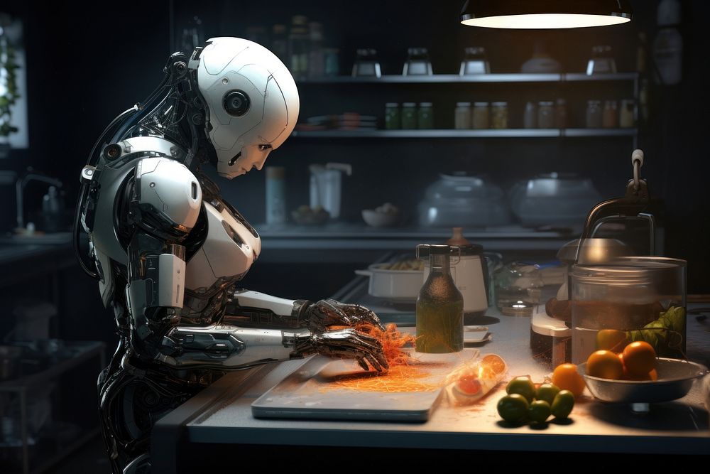Cyborgs cooking adult food protection. AI generated Image by rawpixel.