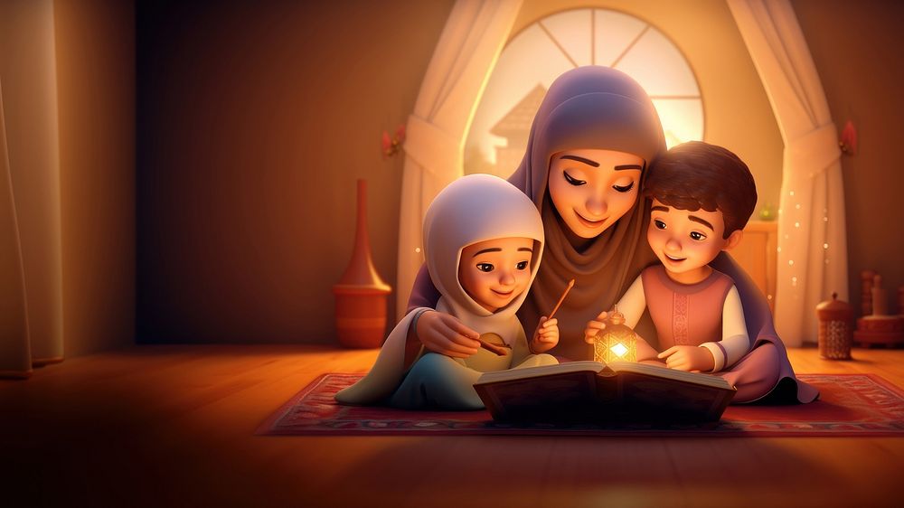 Muslim reading quran cartoon light togetherness. 