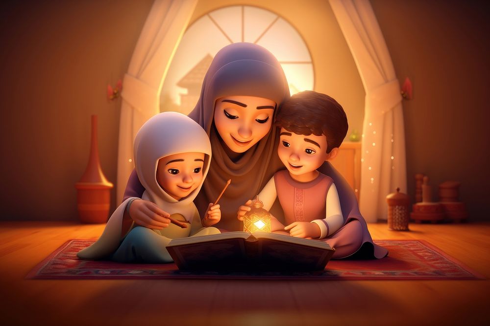 Muslim reading quran cartoon family light. AI generated Image by rawpixel.