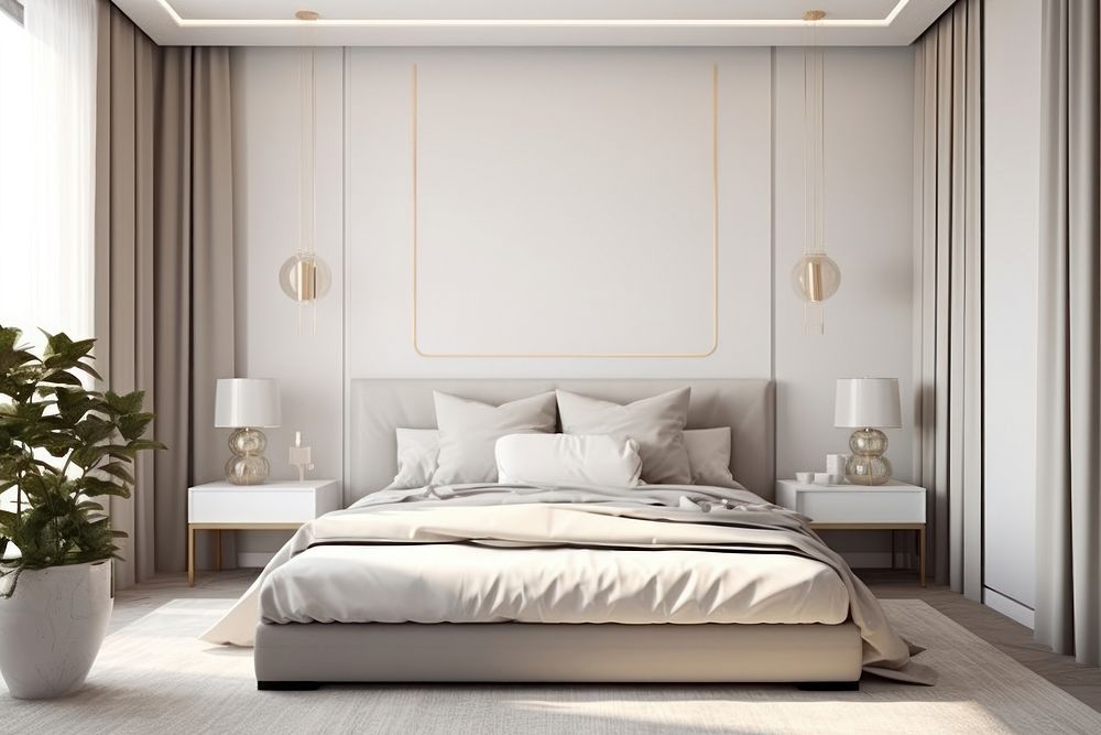 Whiteframed bed plant furniture bedroom. AI generated Image by rawpixel.