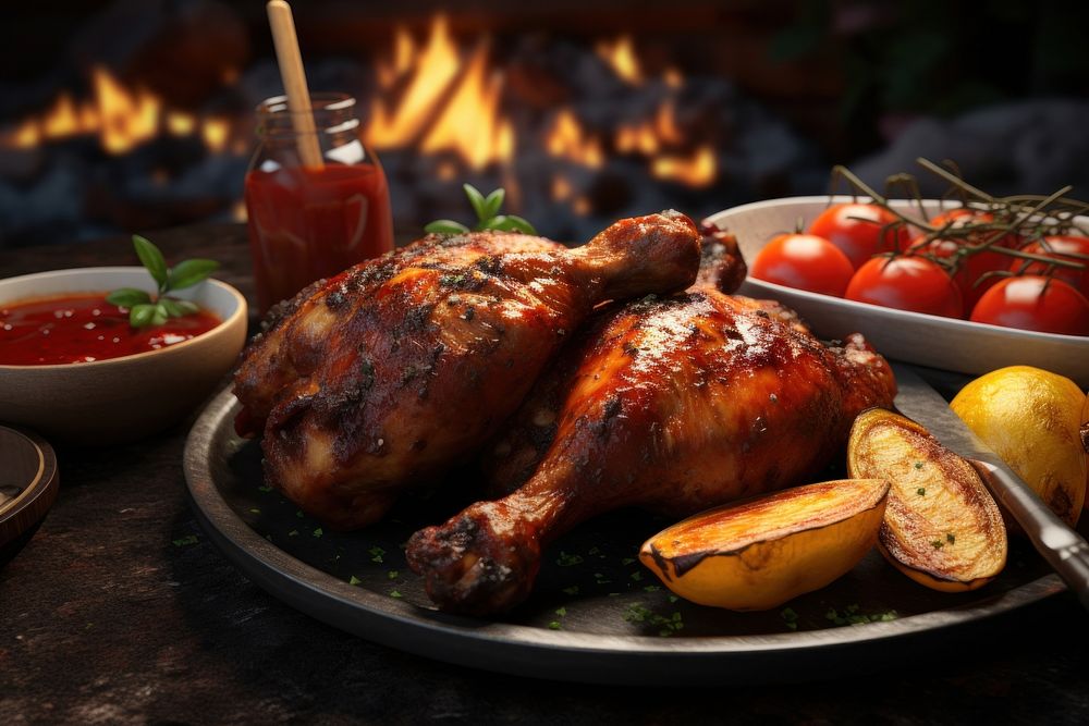 Barbecue chicken grilling rustic meat. AI generated Image by rawpixel.