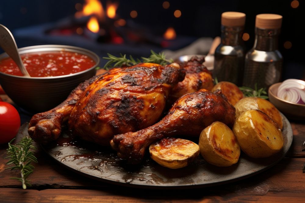 Barbecue chicken grilling dinner rustic. AI generated Image by rawpixel.