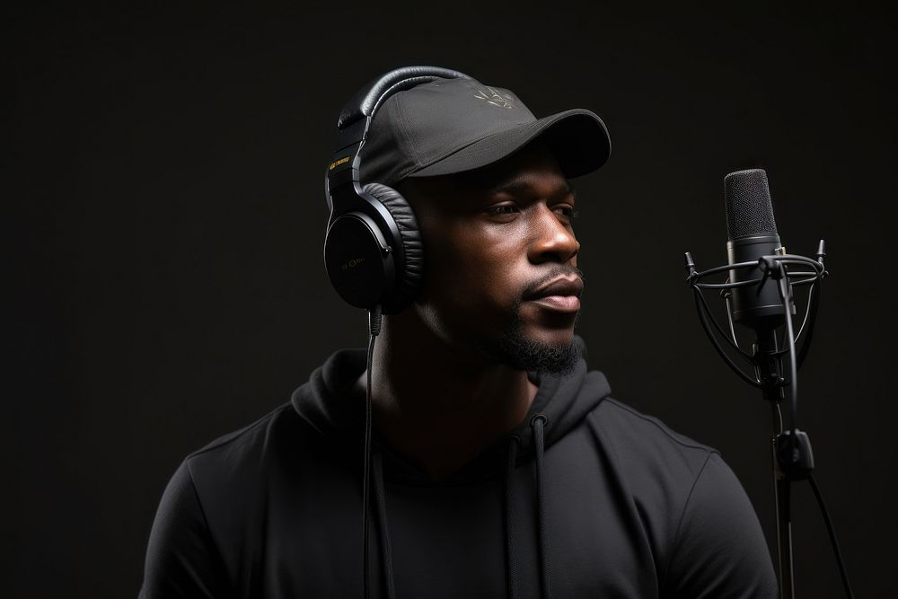 African american man headphones microphone portrait. AI generated Image by rawpixel.