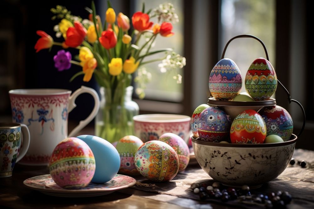 Egg decoration easter table. AI generated Image by rawpixel.