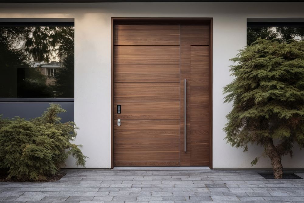 Wooden front door architecture protection entrance. 