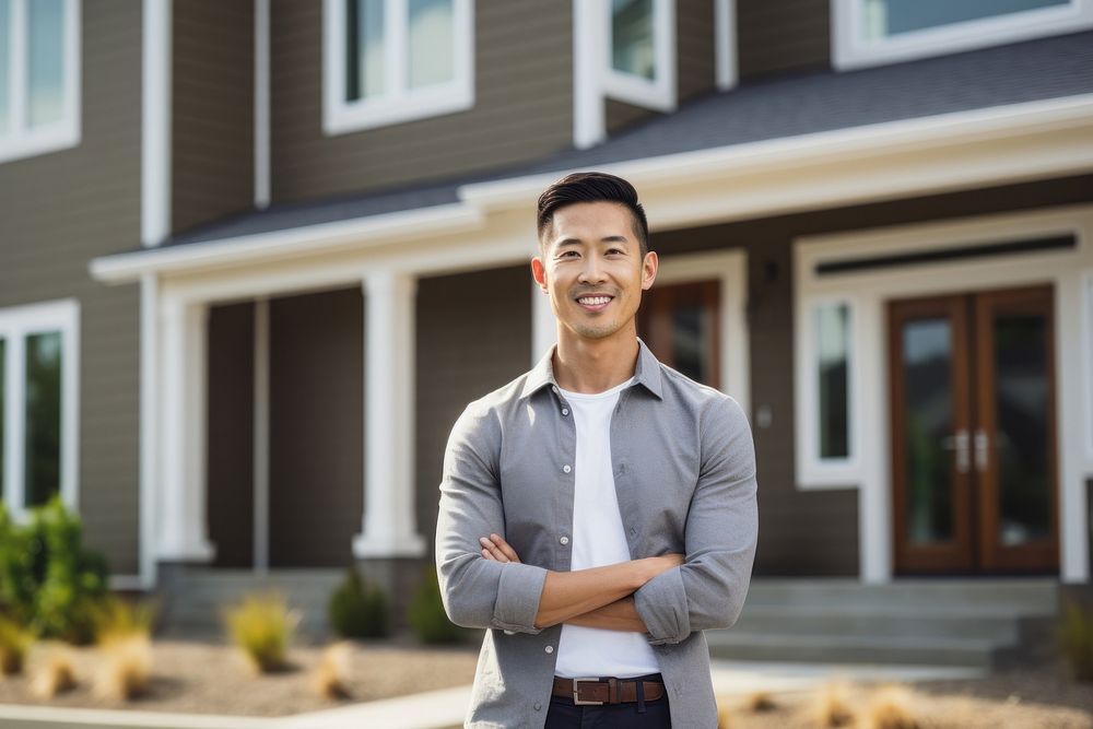 Smiling asian american man standing portrait house. AI generated Image by rawpixel.