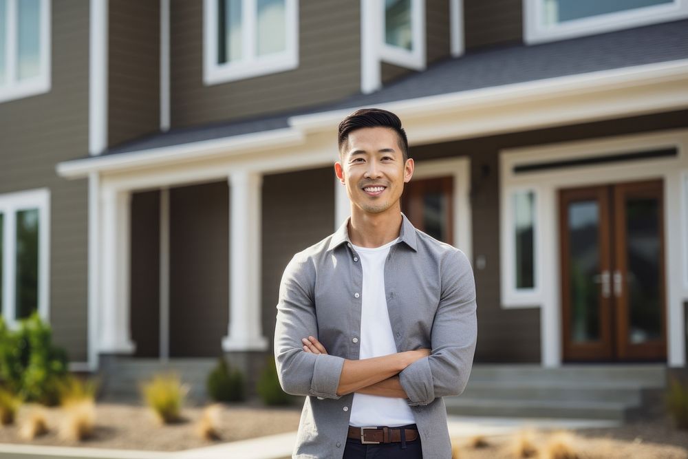 Smiling asian american man standing portrait house. 