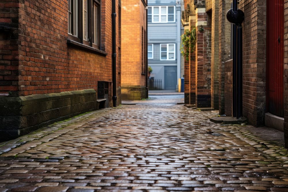 Empty footpath cobblestone building street. AI generated Image by rawpixel.