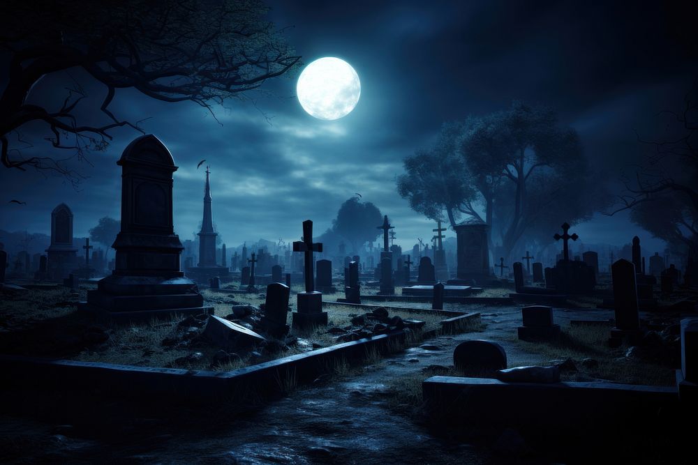 Graveyard night cemetery moon tombstone. AI generated Image by rawpixel.