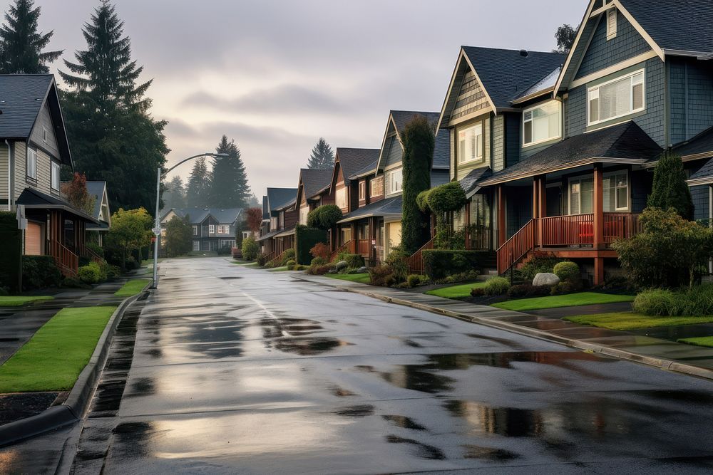 Houses on a suburban street city town neighbourhood. AI generated Image by rawpixel.