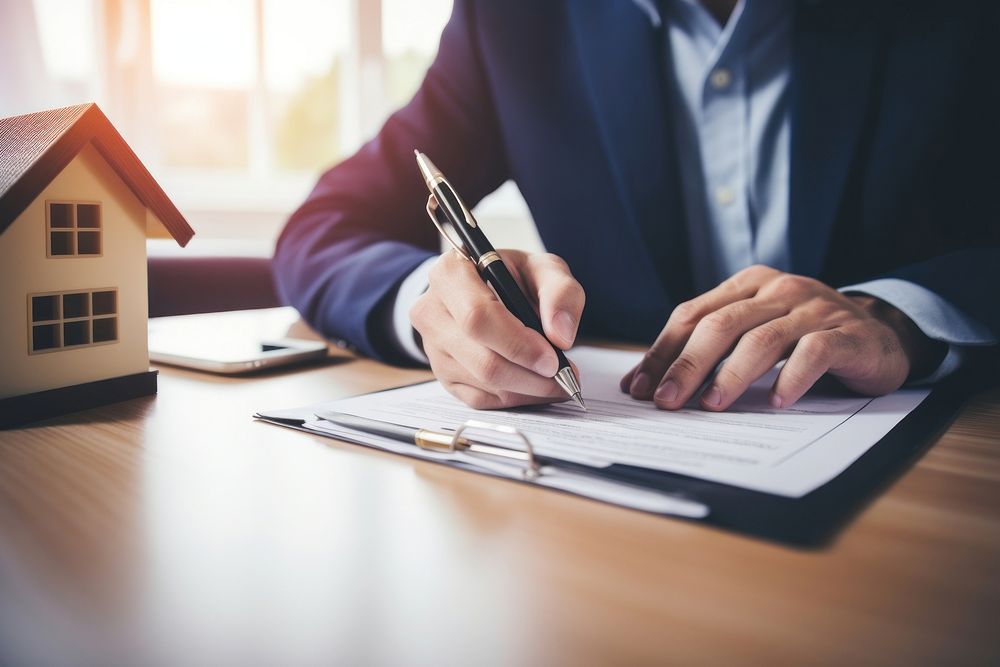 Man signing paper writing pen architecture. 