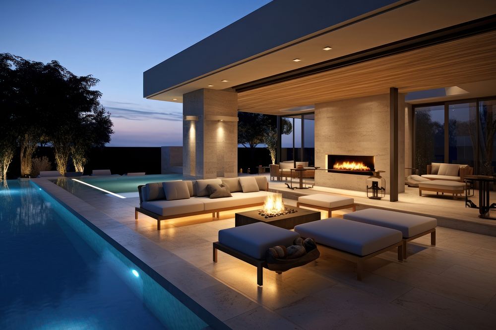 Modern living room and open patio architecture furniture fireplace. 
