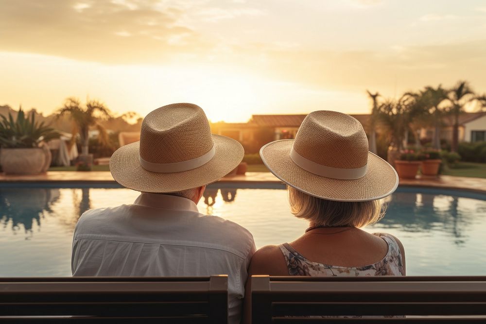 Senior couple outdoors holiday sunset. 